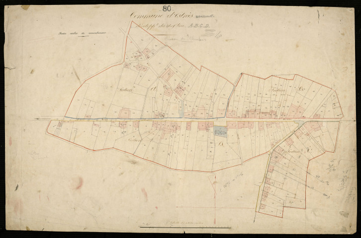 Plan du cadastre napoléonien - Estrees-Deniecourt (Estrées) : Chef-lieu (Le), développement d'une partie des sections A, B, C et D