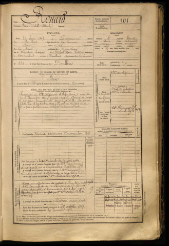 Renard, Ernest Achille Albert, né le 30 juin 1867 à Terramesnil (Somme), classe 1887, matricule n° 101, Bureau de recrutement d'Abbeville