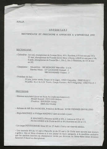 Opuscule (année 1995). Fédération française de Longue Paume : liste des sociétés, classement des joueurs et calendrier