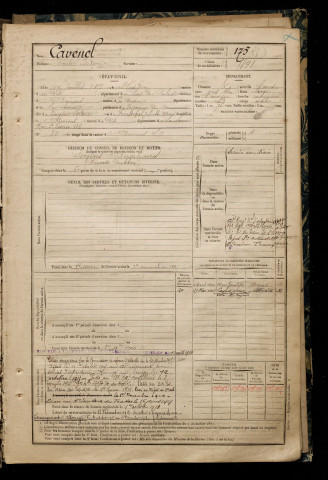 Cavenel, Emile Isidore, né le 19 juillet 1871 à Hesdin (Pas-de-Calais), classe 1891, matricule n° 175, Bureau de recrutement d'Amiens