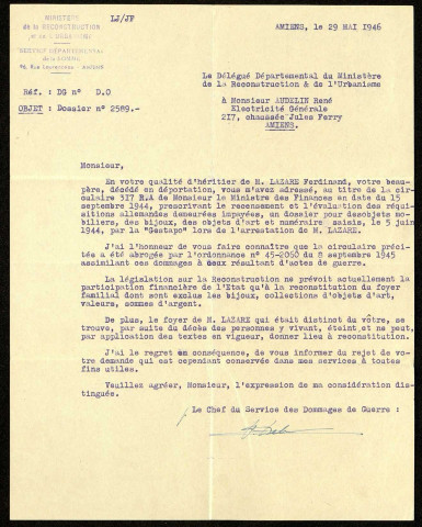 Correspondance relative à la demande d'indemnisation de la famille Lazard pour les spoliations intervenues du fait des législations antisémites en vigueur pendant l'Occupation en France