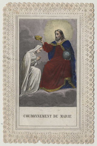 Image pieuse dentelle. Couronnement de Marie. Le couronnement de la Vierge
