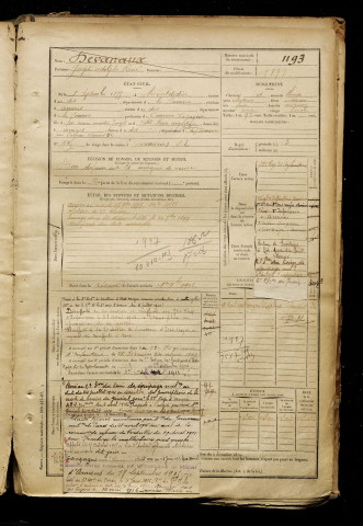 Devanaux, Joseph Adolphe René, né le 08 septembre 1877 à Montdidier (Somme), classe 1897, matricule n° 1193, Bureau de recrutement d'Amiens