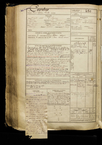 Cardon, Placide Alphonse Charles, né le 13 août 1896 à Rouvroy-en-Santerre (Somme), classe 1916, matricule n° 450, Bureau de recrutement de Péronne