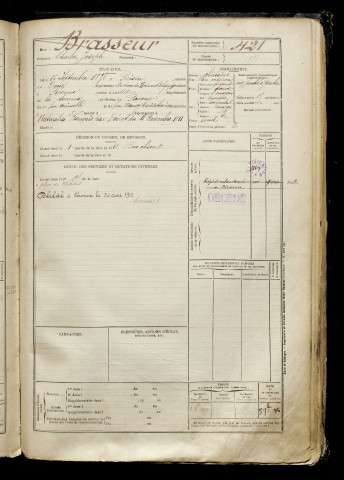 Brasseur, Charles Joseph, né le 15 septembre 1870 à Roisin (Honnelles) (Belgique), classe 1911, matricule n° 421, Bureau de recrutement de Péronne
