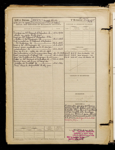 Darras, Auguste Alcide Joseph, né le 22 mai 1898 à Gomiécourt (Pas-de-Calais), classe 1918, matricule n° 315, Bureau de recrutement de Péronne