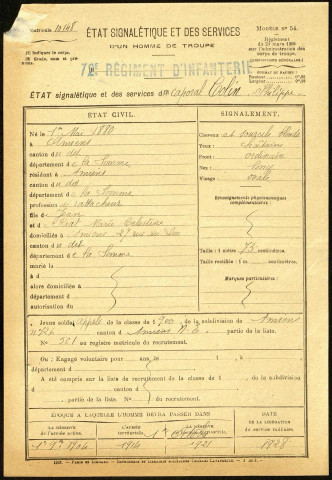 Colin, Philippe, né le 01 mai 1880 à Amiens (Somme), classe 1900, matricule n° 501, Bureau de recrutement d'Amiens