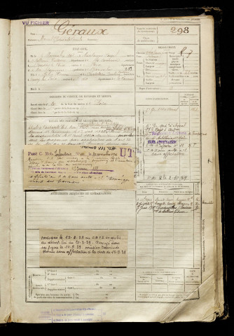 Géraux, Marcel Théodule Emile, né le 02 novembre 1901 à Montagne-Fayel (Somme), classe 1921, matricule n° 298, Bureau de recrutement d'Amiens