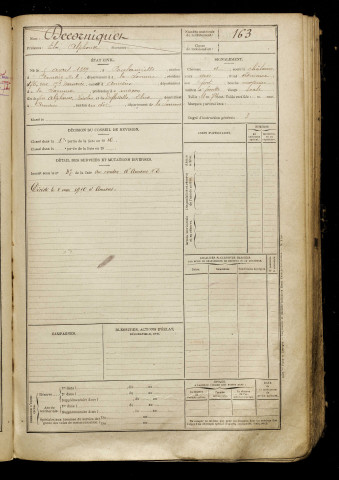 Decorniquet, Eloi Alphonse, né le 05 avril 1889 à Poulainville (Somme), classe 1909, matricule n° 163, Bureau de recrutement d'Amiens