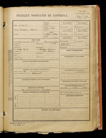 Collin, Roger Brice, né le 13 novembre 1897 à Foucaucourt-Hors-Nesle (Somme), classe 1917, matricule n° 342, Bureau de recrutement d'Amiens