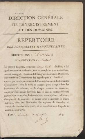 Répertoire des formalités hypothécaires, du 25/07/1831 au 02/05/1832, volume n° 54 (Conservation des hypothèques de Doullens)