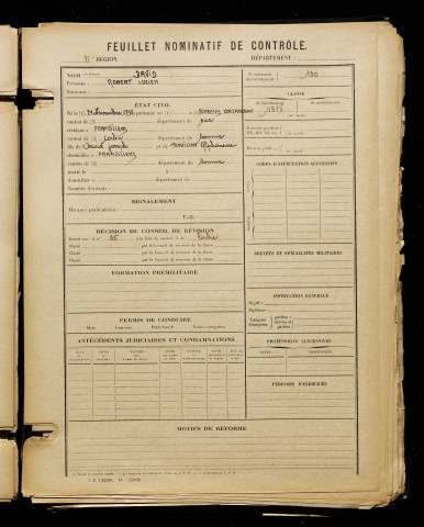 David, Robert Lucien, né le 21 novembre 1898 à Bazancourt (Oise), classe 1918, matricule n° 190, Bureau de recrutement d'Amiens