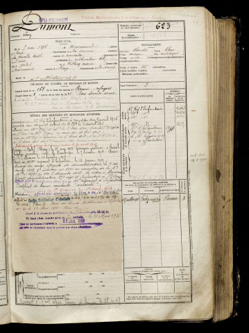 Dumont, Léon, né le 05 mai 1896 à Curchy (Somme), classe 1916, matricule n° 623, Bureau de recrutement de Péronne