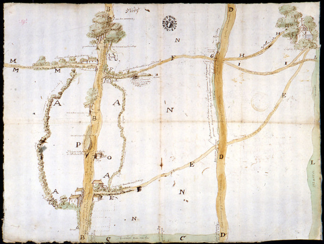 Plan de bornage du terroir de Plachy-Buyon : dessin figurant les hameaux, les arbres servant de borne, les marais,