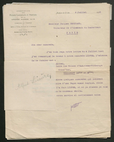 Témoignage de Lièvre, Alfred et correspondance avec Jacques Péricard