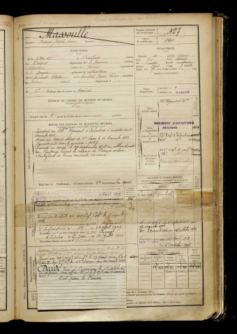 Massoulle, Marius Joseph Pierre, né le 07 mai 1881 à Bouchoir (Somme), classe 1901, matricule n° 427, Bureau de recrutement de Péronne
