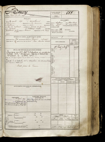 Boury, Joseph René Henri, né le 29 août 1896 à Moislains (Somme), classe 1916, matricule n° 655, Bureau de recrutement de Péronne