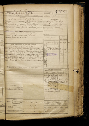 Lefebvre, Marcel René, né le 04 mars 1897 à Mers-les-Bains (Somme), classe 1917, matricule n° 1409, Bureau de recrutement d'Amiens