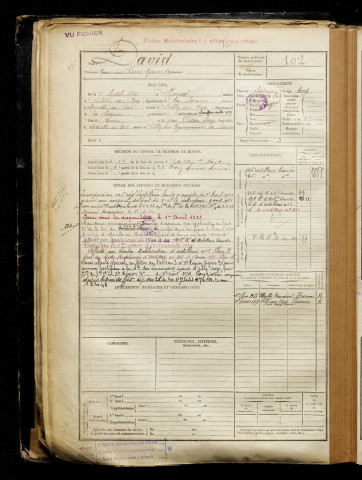 David, Maurice Pierre Marcel, né le 07 avril 1901 à Rouvrel (Somme), classe 1921, matricule n° 102, Bureau de recrutement de Péronne
