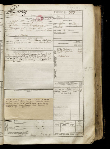 Parsy, Albert, né le 07 juillet 1896 à Longueval (Somme), classe 1916, matricule n° 565, Bureau de recrutement de Péronne