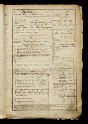 Boulongne, Eugène Louis Charles, né le 26 mai 1881 à Nesle (Somme), classe 1901, matricule n° 1001, Bureau de recrutement de Péronne