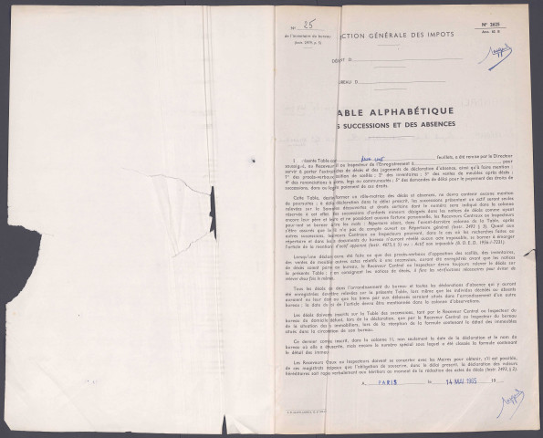 Table des successions et absences du bureau de Rue