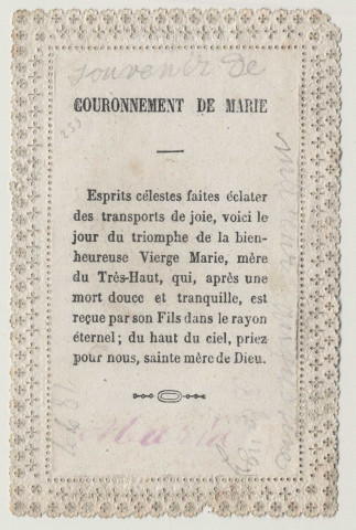 Image pieuse dentelle. Couronnement de Marie. Le couronnement de la Vierge