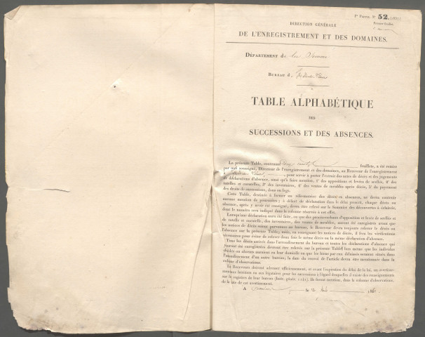 Table des successions et absences du bureau de Molliens-Vidame
