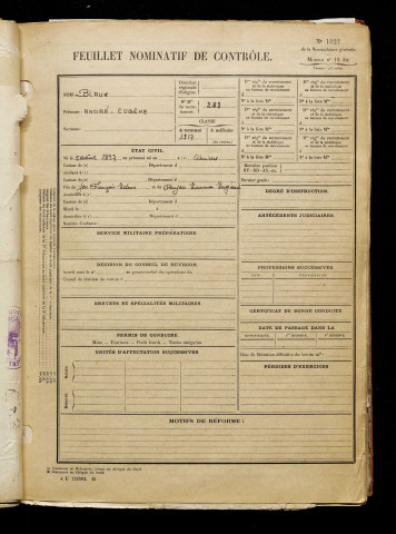 Blaux, André Eugène, né le 05 août 1897 à Amiens (Somme), classe 1917, matricule n° 283, Bureau de recrutement d'Amiens