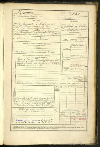 Hénonin, Pierre Irénée Eugène, né le 30 mai 1862 à Méharicourt (Somme, France), classe 1882, matricule n° 484, Bureau de recrutement de Péronne