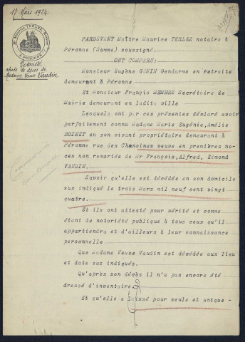 Péronne. Demande d'indemnisation des dommages de guerre : dossier Vaudin-Boinet