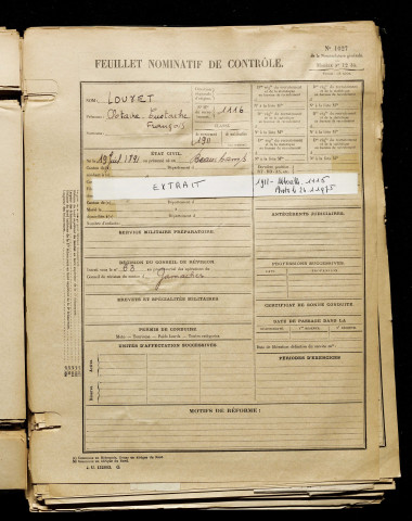 Louvet, Clotaire Eustache François, né le 19 juillet 1891 à Beauchamps (Somme), classe 1911, matricule n° 1116, Bureau de recrutement d'Abbeville