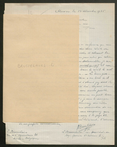Témoignage de Brusselairs, L. (Maréchal des logis fourrier) et correspondance avec Jacques Péricard