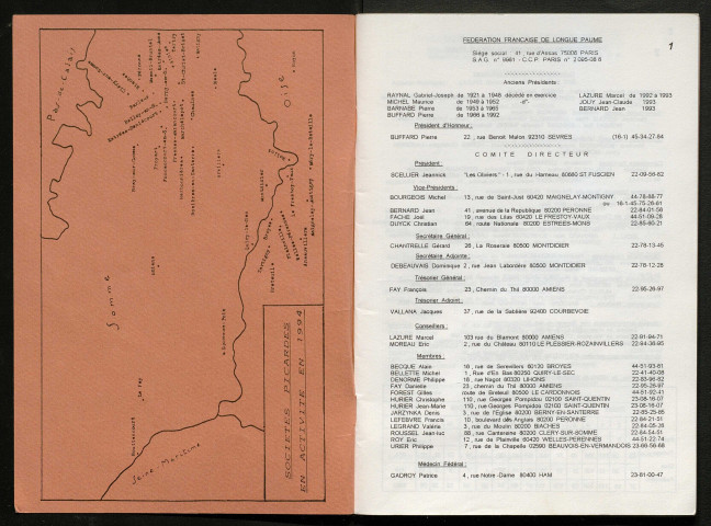 Opuscule (année 1994). Fédération française de Longue Paume : liste des sociétés, classement des joueurs et calendrier