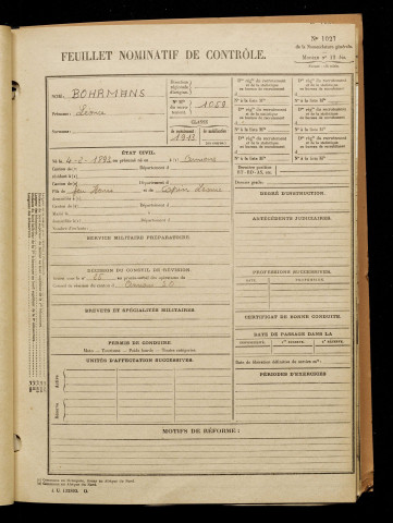 Bohrmans, Léonce, né le 04 février 1893 à Amiens (Somme), classe 1913, matricule n° 1059, Bureau de recrutement d'Amiens