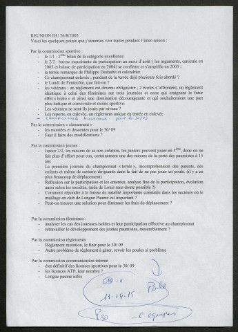 Commissions et réunions de travail de la Fédération Française de Longue Paume