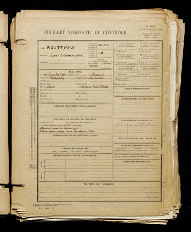 Bontemps, Joseph Octave Eugène, né le 26 décembre 1898 à Flixecourt (Somme), classe 1918, matricule n° 13, Bureau de recrutement d'Amiens
