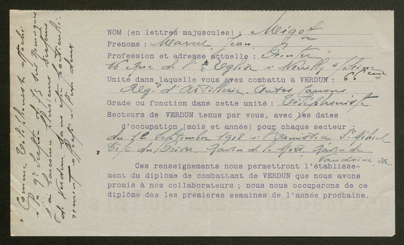 Témoignage de Mignot, Marcel (Téléphoniste) et correspondance avec Jacques Péricard