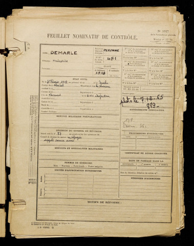 Demarle, Théophile, né le 04 février 1898 à Nurlu (Somme), classe 1918, matricule n° 451, Bureau de recrutement de Péronne