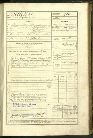 Pelletier, Jean Baptiste, né le 06 décembre 1860 à Bucquoy (Somme, France), classe 1880, matricule n° 706, Bureau de recrutement de Péronne