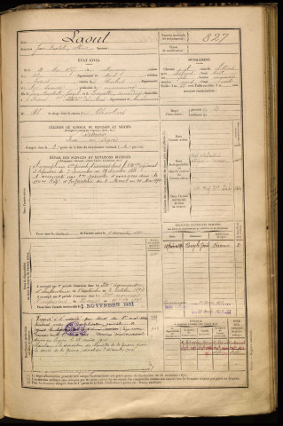 Laout, Jean Baptiste Albéric, né le 30 mai 1867 à Marcoing (Nord), classe 1887, matricule n° 827, Bureau de recrutement de Péronne