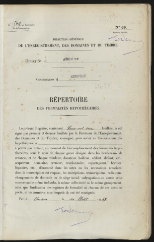 Répertoire des formalités hypothécaires, du 16/09/1949 au 27/12/1949, registre n° 549 (Abbeville)
