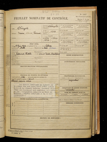 Chivot, Marius Olivier Fernand, né le 16 juin 1894 à Valines (Somme), classe 1914, matricule n° 1295, Bureau de recrutement d'Abbeville