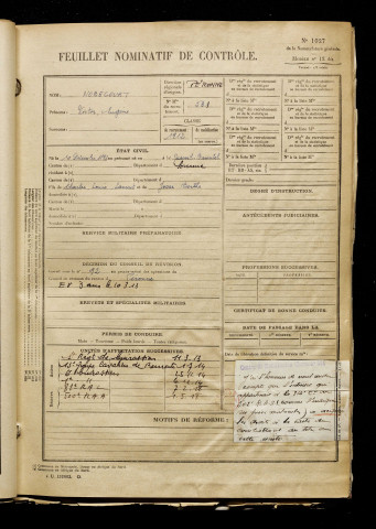 Nobécourt, Victor Eugène, né le 10 décembre 1892 à Mesnil-Bruntel (Somme), classe 1912, matricule n° 531, Bureau de recrutement de Péronne