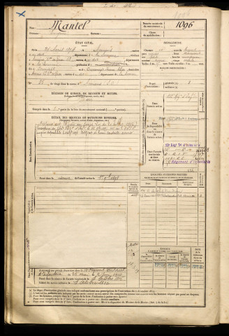Mantel, Eugène, né le 29 avril 1874 à Amiens (Somme), classe 1894, matricule n° 1096, Bureau de recrutement d'Amiens