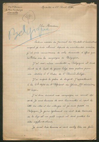 Témoignage de Braun, Théodore (Sergent) et correspondance avec Jacques Péricard