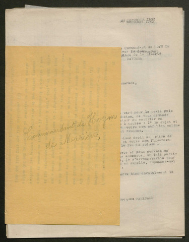 Témoignage de Hoym (de) de Marien (Commandant) et correspondance avec Jacques Péricard