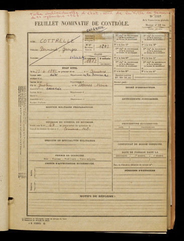 Cottrelle, Bernard Georges, né le 23 avril 1893 à Amiens (Somme), classe 1913, matricule n° 1293, Bureau de recrutement d'Amiens