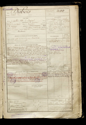 Dubois, Odille René, né le 04 juillet 1901 à Amiens (Somme), classe 1921, matricule n° 400, Bureau de recrutement d'Amiens