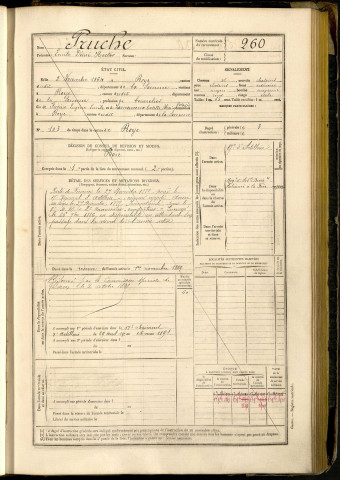 Pruche, Emile Désiré Hector, né le 02 novembre 1864 à Roye (Somme, France), classe 1884, matricule n° 260, Bureau de recrutement de Péronne